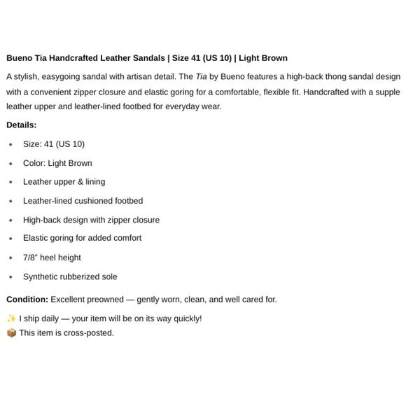 Bueno SZ EU41/US10 Tia Hand Crafted Leather Sandal Light Brown - Picture 8 of 8